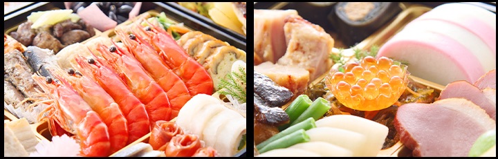 海老の旨煮とイクラの醤油漬けなど、冷蔵おせちの料理のアップ2枚